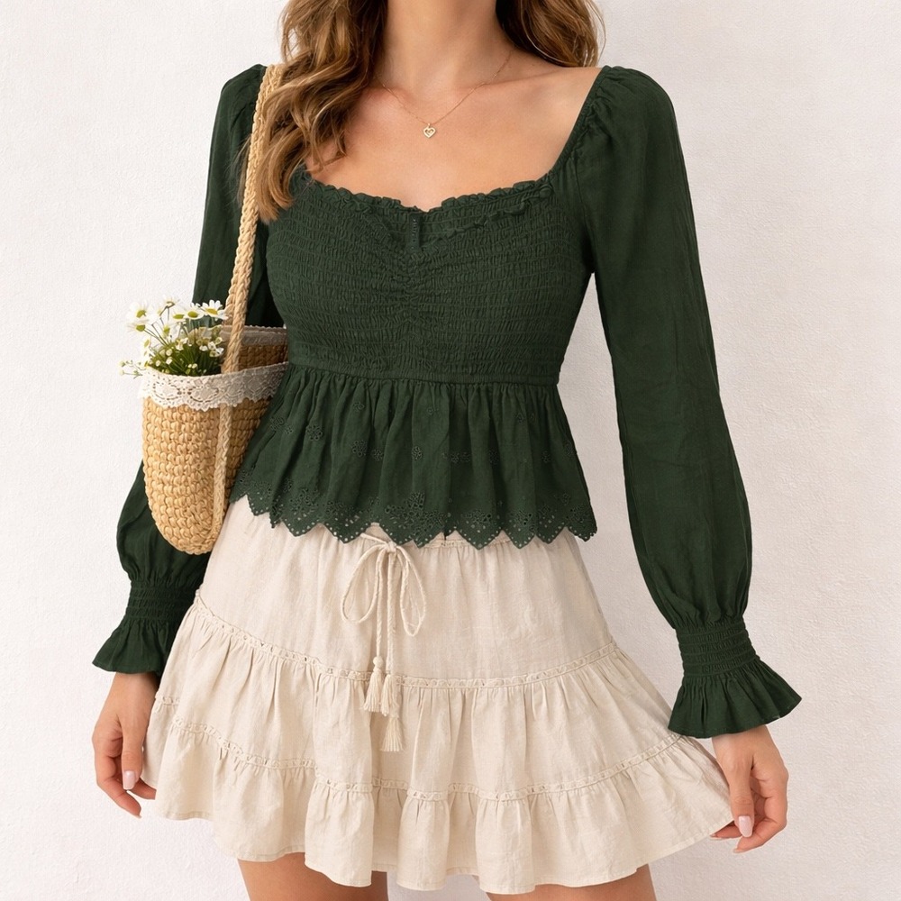 American Eagle Outfitters Dark Green Peplum Smocked Blouse